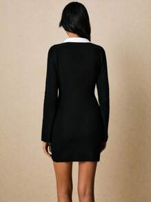 Poéselle New Arrival Women Fitted Sexy Body-Con Mini Skirt Turtleneck Knit Sweater Dress, Elegant For Autumn/Winter - Black and White - View 7