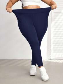 SHEIN CURVE+ Plus Size Side Pocket Sports Yoga Elastic Slim Leggings, Breathable Fabric, Summer Casual Long Plain Leggings For Women