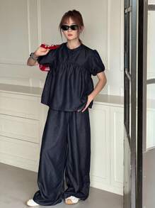 Dazy Kids 少女圆领泡泡袖褶饰上衣和宽腿宽松牛仔套装 - 深色水洗藍 - 查看 2