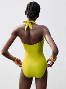 Maija 1 bộ đồ bơi liền thân cổ yếm đơn giản và thời trang dành cho nữ mặc hàng ngày, trang phục lễ hội ngày 4 tháng 7, lễ thánh John, trang phục tốt nghiệp, đồ bơi kiểm soát bụng, trang phục đi nghỉ ở bãi biển - Màu Mù tạt vàng - Xem 2