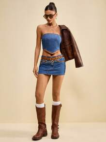 Muvela Women's Retro Denim Tops Sexy Backless Tube Top Suede Fabric Stitching Retro Street Style 100% Cotton Comfortable Denim Barn Style Tops Y2K Music Festival Fall - Medium Wash - View 5