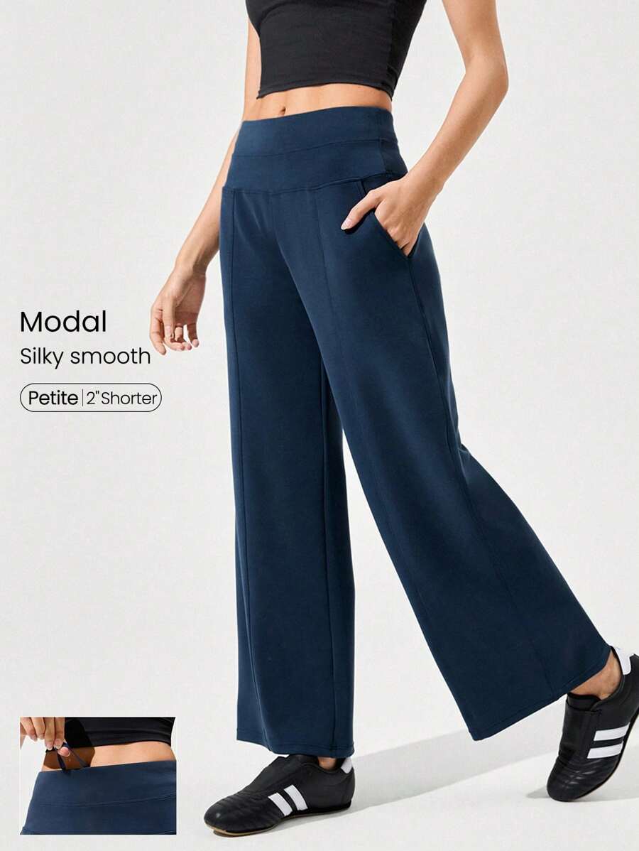 GLOWMODE 莫代尔丝绸触感阔腿高腰休闲裤，带侧袋，日常休闲秋季