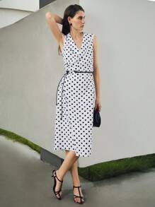 Uhlyne 优雅波尔卡圆点印花复古风格 V 领无袖修身直筒休闲连衣裙，时尚夏季新品 - 白色 - 查看 6
