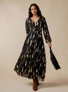 Florisole Women's Elegant Flowy Gold Foil Brush Lantern Sleeve Dress Black And Gold Maxi Dress Long Black Dress With Gold Print Fall Cloth For Women