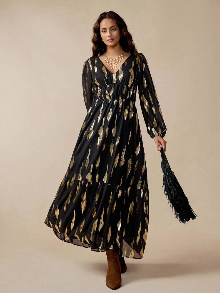 long sleeve black and gold maxi dress Long Sleeve Sequin Two Piece Maxi Dress Black Gold