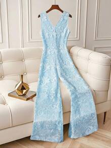 Franclia Light Blue And White,Summer,Elegant,Garden Party Embroidered Deep V-Neck Sleeveless Backless Semi-Sheer Long Jumpsuit For Ladies Vacation - Black - View 1