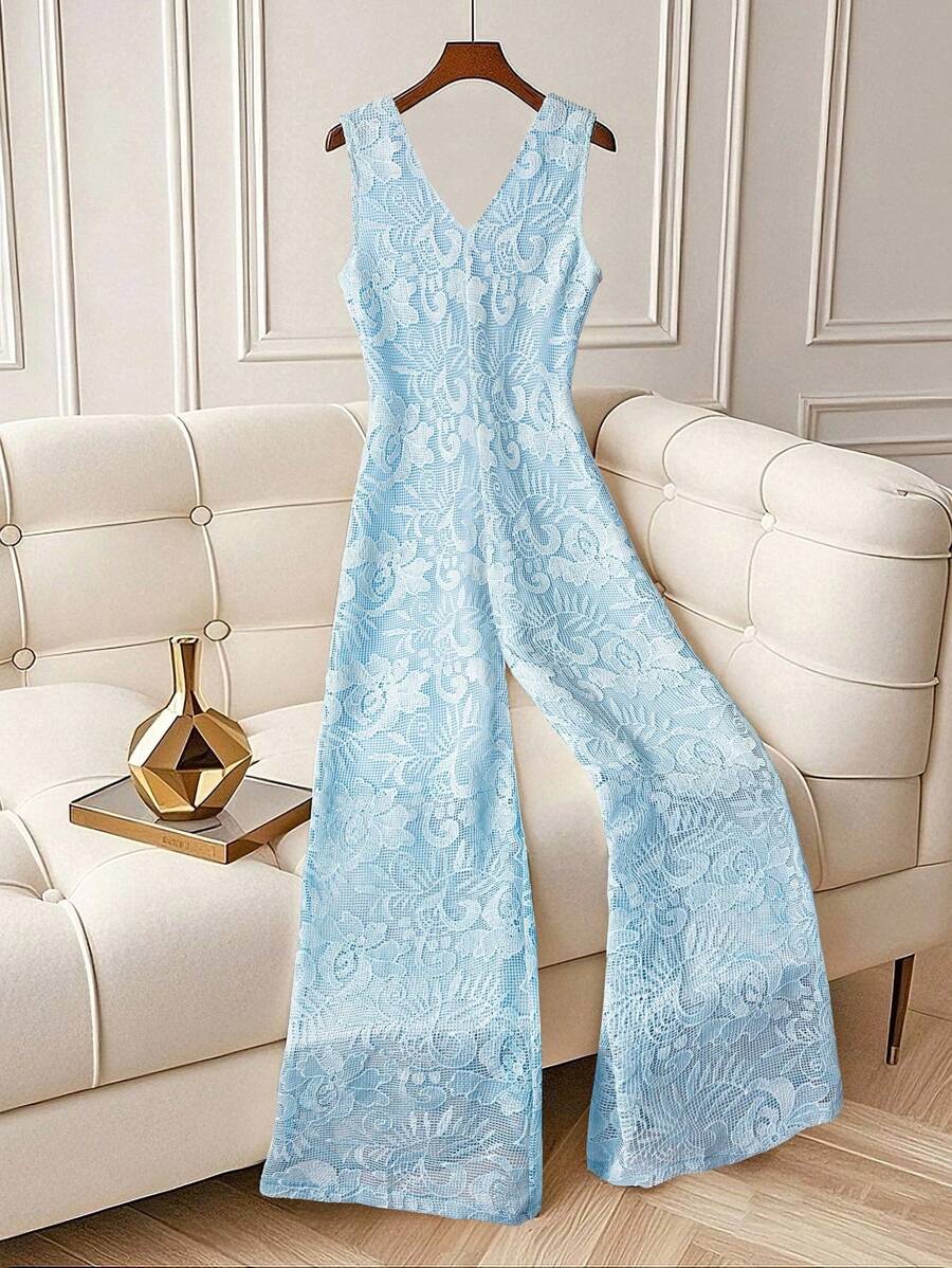 Franclia Light Blue And White,Summer,Elegant,Garden Party Embroidered Deep V-Neck Sleeveless Backless Semi-Sheer Long Jumpsuit For Ladies Vacation - Black - View 1