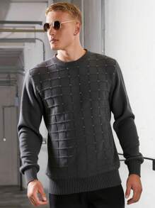 EURMUSE Men's Plaid Crew Neck Loose Casual Sweater - Beige - View 4