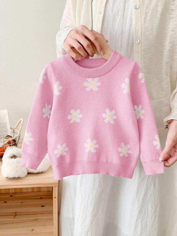 SHEIN LMoss Kids LMoss Baby Mädchen Süßer & vielseitiger lila Blumenmuster Langarm Pullover, Herbst/Winter