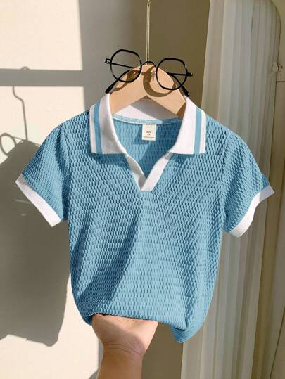 LMoss Kids 年轻男孩运动休闲拼色短袖 Polo 衫，带装饰细节，适合通勤、上学、日常休闲、度假、旅行、适合运动、适合儿童、男生学校、家庭搭配、生日派对、适合日常、适合上学、适合运动、春夏季