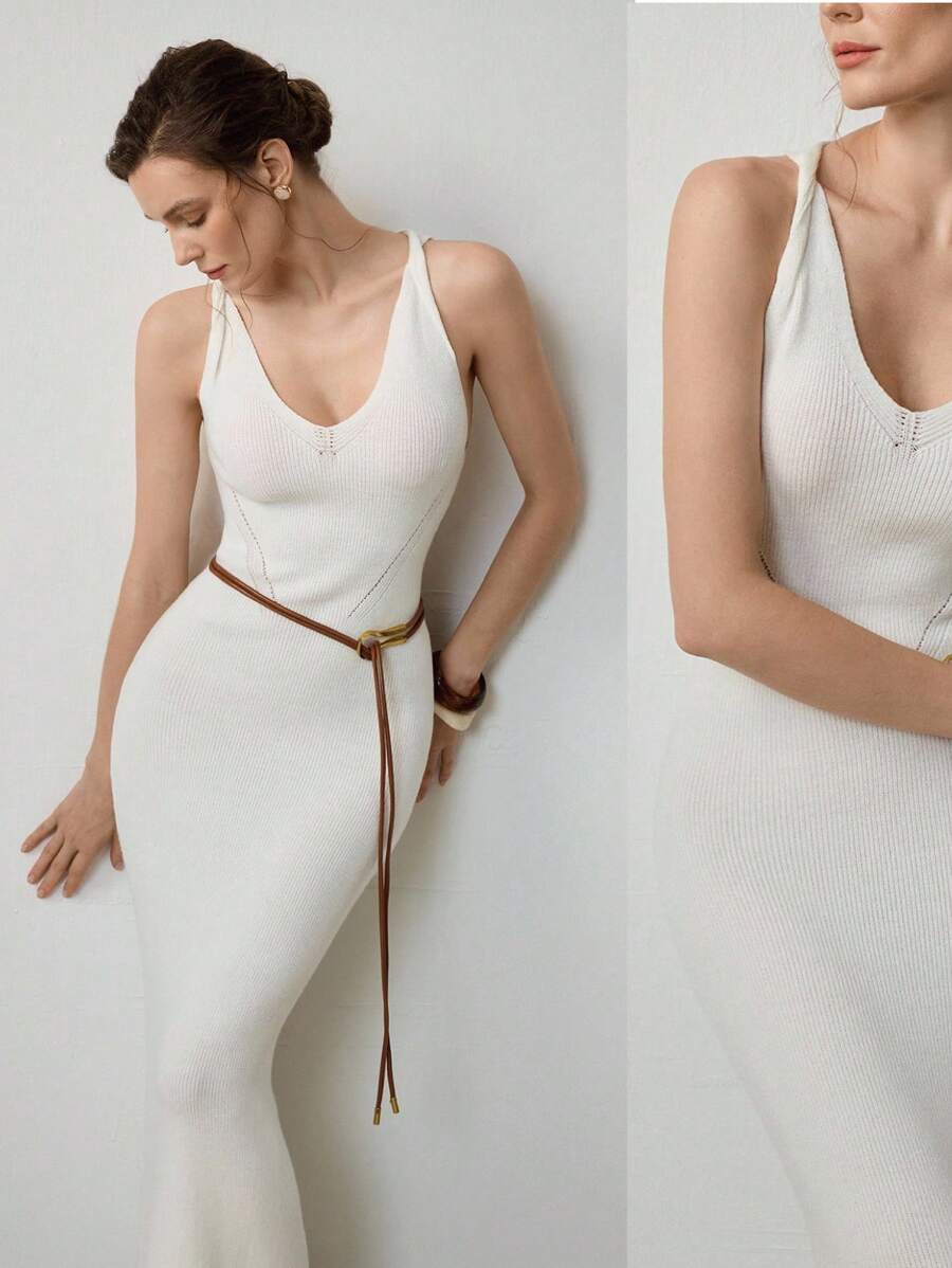 Uhlyne 女士简约婚礼宾客礼服，优雅温柔高端 V 领无袖修身扭纹紧身针织连衣裙，适合夜间外出、约会之夜 - 白色 - 查看 1