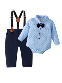SHEIN 2pcs Baby Boys Romper Outfit Set: Light Blue Polka Dot Bodysuit With Navy Blue Bow Tie Collar And Button Front, Paired With Adjustable Navy Blue Bib Overalls. Suitable For Weddings, Birthdays, And Other Celebrations Fall Winter - Multicolor - View 4