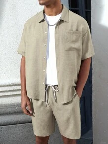 Manfinity Homme 男士休闲咖啡色衬衫和短裤套装，简约时尚夏季男士套装男士衬衫套装男士度假男士衬衫套装男士夏季套装男士衬衫套装，舒适套装 - 杏色 - 查看 6