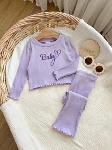 SHEIN 女宝宝可爱刺绣字母图案紫色针织长袖上衣和裤子套装 - 紫色 - 查看 3