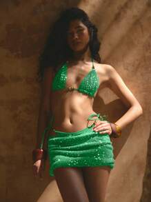 Musera Resort 低腰亮片针织迷你裙罩衫波西米亚风伊比沙岛可爱性感度假夏季海滩泳装性感泳装优雅春节 - 綠色 - 查看 1