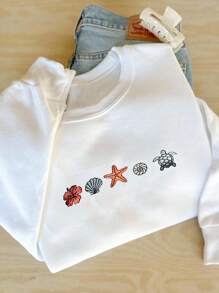 INAWLY 刺绣圆领运动衫，简约海滩运动衫，航海风格夏季，沿海海洋爱好者，冲浪风格度假礼物刺绣图案运动衫女式套头衫秋季