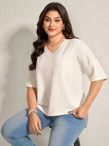 Comfylo WIRTE Plus Size Summer Top Women's V-Neck Pocket T-Shirt Vacation Woman Going Out Top Women Beach For Woman, Holiday Festival Business Casual - Apricot - View 5