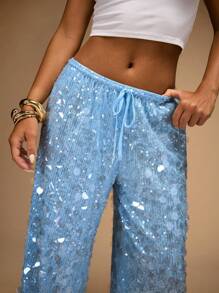 SHEIN BAE Quần ống rộng đính sequin cạp trễ dành cho nữ, thích hợp cho kỳ nghỉ ở bãi biển, mùa hè - Màu xanh nhạt - Xem 7