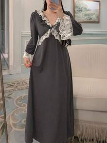 DAZY Romantic Ruffle Trim Waist Contrast Color Nightgown For Women, Fall Pajama