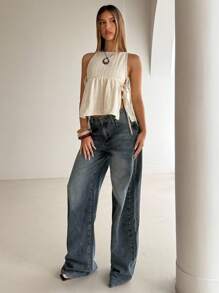 Aloruh 女士休闲系带亚麻白色和米色条纹无袖上衣，女士夏季上衣，度假