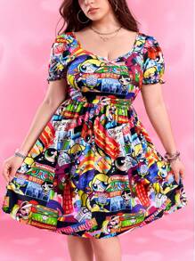 THE POWERPUFF GIRLS X SHEIN 大码女式休闲街头时尚花朵、泡泡、毛茛图案甜心领泡泡袖抽绳腰连衣裙，夏季 - 彩色 - 查看 1