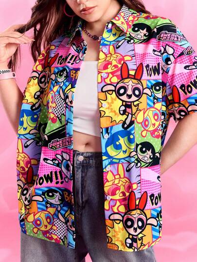 THE POWERPUFF GIRLS X SHEIN 大码夏季休闲花朵、泡泡、毛茛图案前扣短袖衬衫