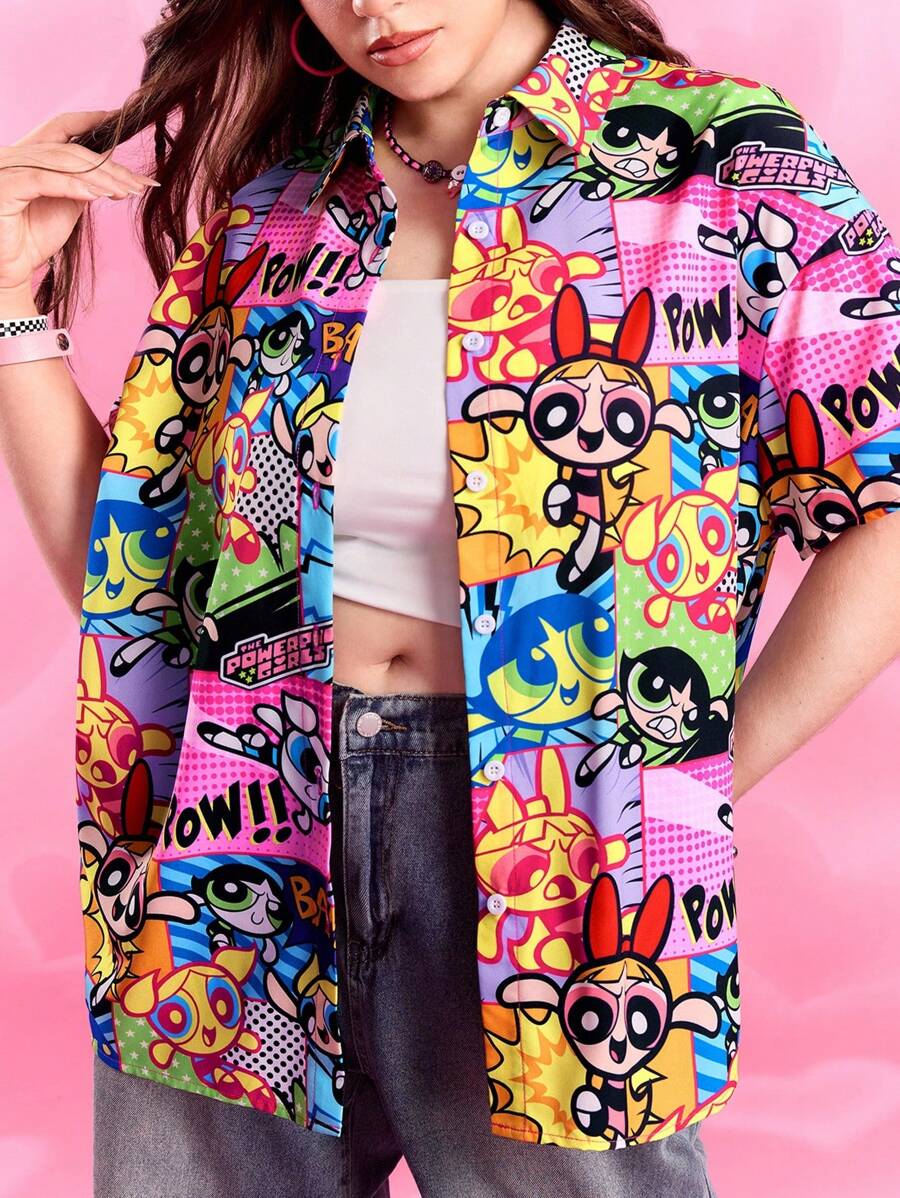THE POWERPUFF GIRLS X SHEIN 大尺碼女款夏季 Y2K 休閒度假返校學院風可愛寬鬆粉色花朵圖案前排扣短袖襯衫 生日禮物 - 彩色 - 查看 1