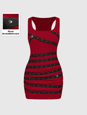 Grunge Punk Abito mini sexy senza maniche per donna, con schiena scoperta, collo rotondo, decorato con borchie, strass e nastro, adatto per laurea, Pasqua, concerto, vacanza a Nashville, festival musicale, rock