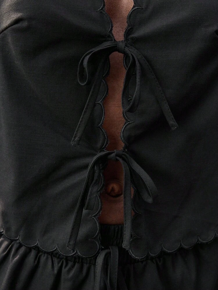 SHEIN Maija 2025 Spring Music Festival 2pcs/Set Women Solid Color Front Tie Petal Sleeve Shirt And Shorts, Bohemian Style