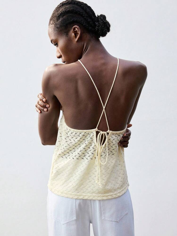 SHEIN Maija Women's Light Apricot Hollow-Out Crisscross Halter Design Sleeveless Knit Tank Top, Modern Bohemian Style, Versatile & Comfortable, Loose Fit, Sunmer All-Match Summer Clothing For All Seasons, Modern Holiday Fashion Design, Comfortable Beach Beach Clothing, Bohemian Style, Isabi Island Holiday Wear, Summer Dopamine Holiday Wear, Ins Same Style Holiday Style, Exotic Atmosphere, Country Concert, Western Style Clothing