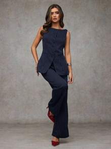 SHEIN BAE Women's Professional Striped Vest And Trousers Suit For Commuting In Fall/Winter - Navy Blue - View 1