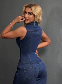 SHEIN SXY Women's Single-Breasted Pocket Casual Versatile Denim Vest