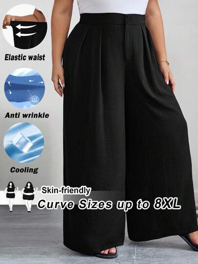 SHEIN CURVE+ Büyük Beden Kadın Ofis Kıyafetleri, Siyah Yüksek Bel Düz Günlük Pantolon, Minimalist ve Şık, Günlük Giyim İçin Uygun