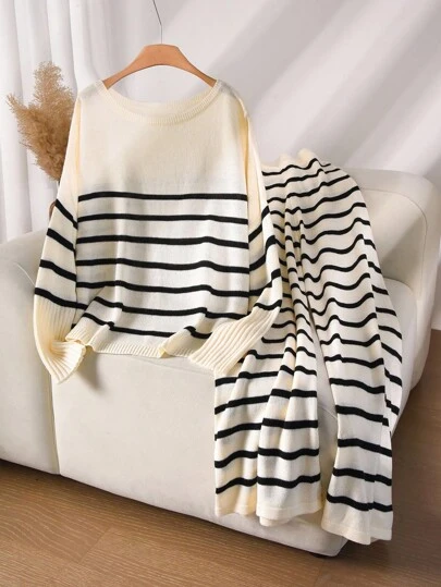 CosyJoli 秋冬大码休闲条纹宽松蝙蝠袖毛衣和裤子两件套