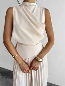 Firerie 女士优雅荷叶边无袖A字连衣裙/伞裙/返校季/学生装/派对/老钱风/外出装/派对装/办公室装/仿杏色半身裙 - 杏色 - 查看 5