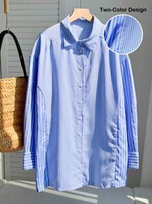 Comfortcana 女士新款斯德哥尔摩风格秋季2000年代风格条纹长袖单排扣休闲/工作衬衫，蓝白条纹衬衫，复古蓝条纹纽扣衬衫，条纹夏季衬衫，女教师返校季 - 藍色 - 查看 3