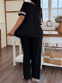 SHEIN 加大码柔软亲肤撞色休闲睡衣套装 - 黑色 - 查看 2