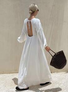 Livesso Đầm dài hở lưng cho nữ, mẫu mới về mùa thu, đầm dài tay maxi. - trắng - Xem 2