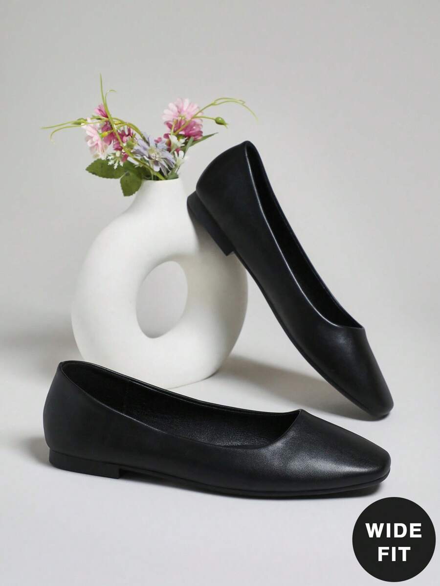 SHUZIA 女式宽版方头芭蕾平底鞋，纯色乐福鞋黑色平底鞋，舒适轻便 - 黑色 - 查看 1