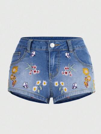 Damen Ultra Tief Sitzende Denim Shorts mit Gänseblümchen Stickerei
