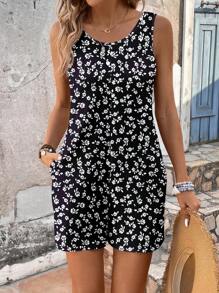 EMERY ROSE Women's Black Small Ditsy Floral Pocket Romper, Suitable For Spring & Summer Suitable For Going Out Black Floral Dress Floral Summer Dress Summer Casual Dress Black Sundress Black Floral Romper - Multicolor - View 4