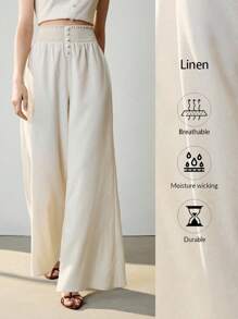 Uhlyne Women's Linen Casual & Elegant Spring, Fashionable Basic Everyday Commuting High-End Feel, Old Money Style Fake Button Design Pants,Autumn,Minimalist,Business Casual,Holiday,Work Wear,Teacher,Back To School,Fall - Apricot - View 3