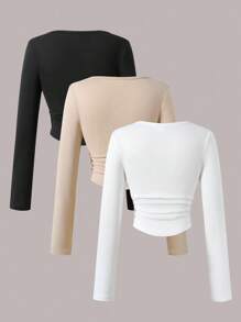 Sparklyn 3pcs/Set Tween Girls Casual All-Match Versatile Square Neck Long Sleeve Cropped Knit Stretchy T-Shirt, For Home & Everyday Wear Fall Winter - Multicolor - View 2