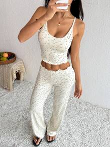 SHEIN PETITE 2 pièces Set débardeur et pantalon large, tenue de détente à imprimé floral digital, Printemps/Été