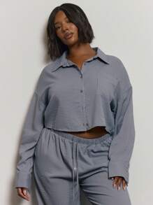 MUSERA Plus Size Striped Cropped Button Down Shirt Collared Cute Holiday Elegant Romantic Shirt Curve Collective Spring Summer Easter - Grey - View 2