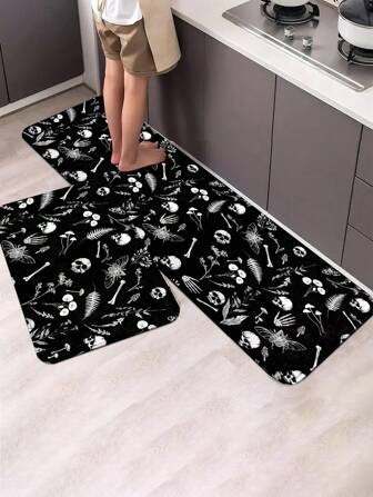 Hippie 1pc Gothic Kitchen Mat - Graveyard Moth & Skull Design Non-Slip Floor Rug, Heavy Duty Waterproof Absorbent Pad For Halloween Decor, Dark Cottagecore, Vampire Aesthetic - Easy Clean Gothic Home Decor, Witchy Altar Mat,Home Decor