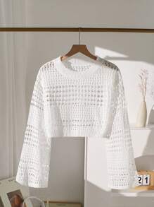 Teen Girl Casual Versatile Solid Color Hollow Knitted Sweater White Cropped Sweater Cropped Sweater White Sweater Knit Top Long Sleeve Crop Top Casual Short Knit Sweater For Teens With Round Neck And Three Quarter Length SleevesEveryday White Semi-Sheer Cropped Pullover For Teen Girls With Tight Hem Detail White Knit Pullover For Teen Girls With Drop Shoulder Sleeves And Semi-Sheer Design Teen Girls Short Knit Pullover With Round Neck And Tight Hem For Everyday Wear Open Knit Sweater White Knit Fall Winter - White - View 1