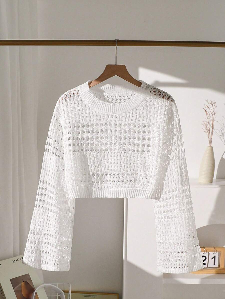 Teen Girl Casual Versatile Solid Color Hollow Knitted Sweater White Cropped Sweater Cropped Sweater White Sweater Knit Top Long Sleeve Crop Top Casual Short Knit Sweater For Teens With Round Neck And Three Quarter Length SleevesEveryday White Semi-Sheer Cropped Pullover For Teen Girls With Tight Hem Detail White Knit Pullover For Teen Girls With Drop Shoulder Sleeves And Semi-Sheer Design Teen Girls Short Knit Pullover With Round Neck And Tight Hem For Everyday Wear Open Knit Sweater White Knit Fall Winter - White - View 1