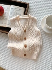 SHEIN Baby/Toddler Unisex Sleeveless V-Neck Knit Cardigan Vest, Soft, Comfortable, Versatile For Casual Wear, Suitable For Indoor, Outdoor, Daily, Sports, Play, Party, Photo Shoot, Festival, Halloween, Spring/Summer/Autumn/Winter Fall