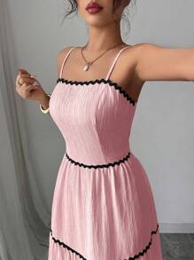 Elenzga 女式夏季新款撞色饰边系带无袖休闲连衣裙 - 粉色 - 查看 6